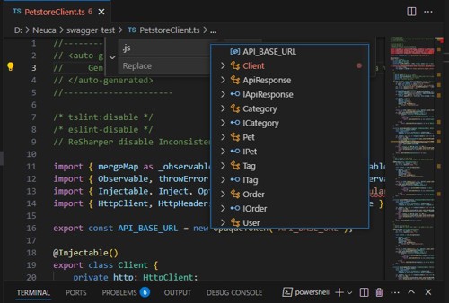 Kod w języku TypeScript wygenerowany przez narzedzie NSwag